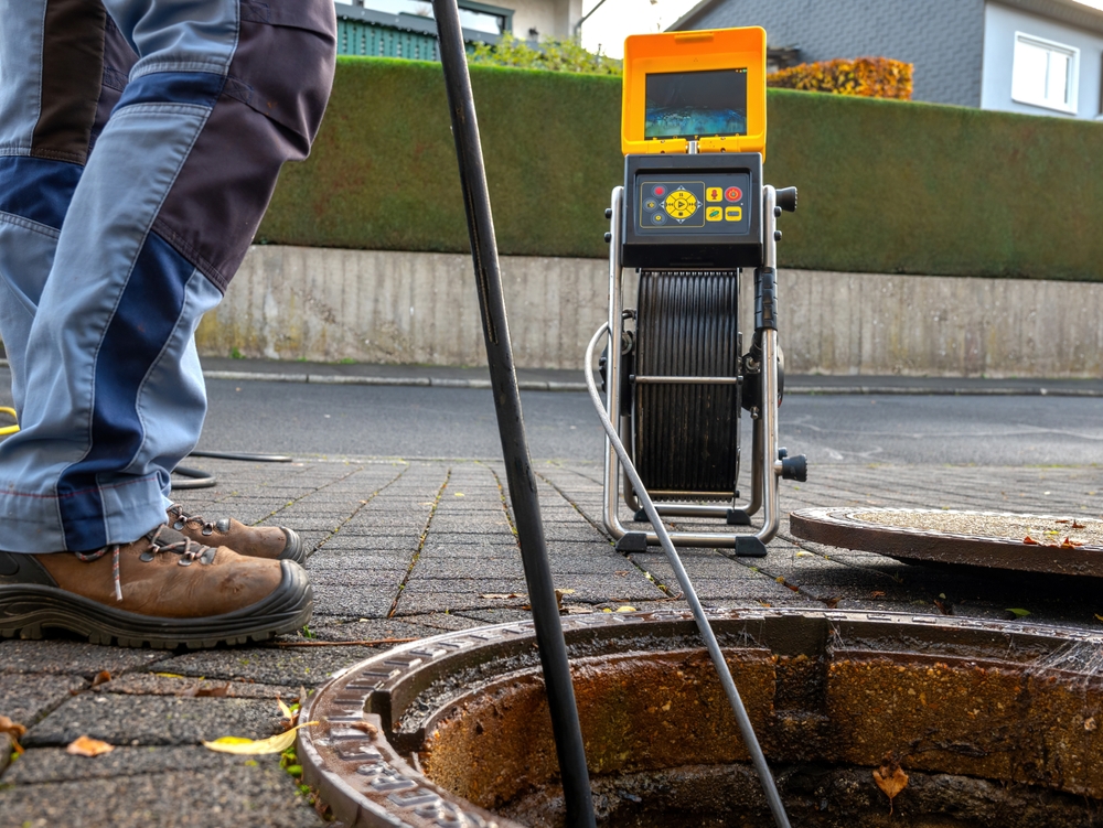 Plumber working by putting line down the sewer