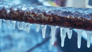 plumbing pipe covered in ice after long winter