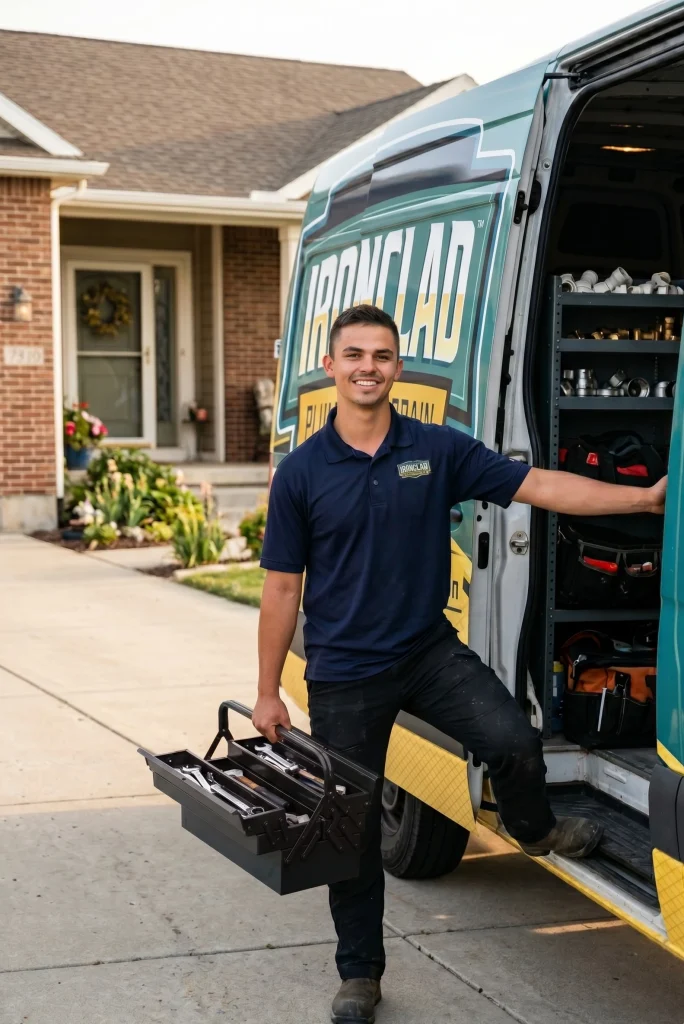 Ironclad plumber getting off the van ready to work