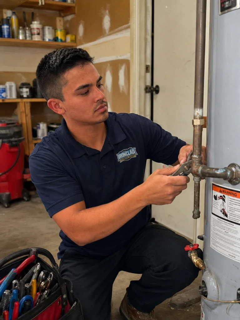 Plumber working on tank water heater
